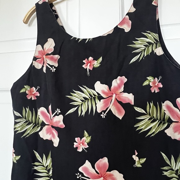 Pineapple Moon Tropical Silk Dress VTG Size M Black Floral Hawaiian Hibiscus - Picture 2 of 7